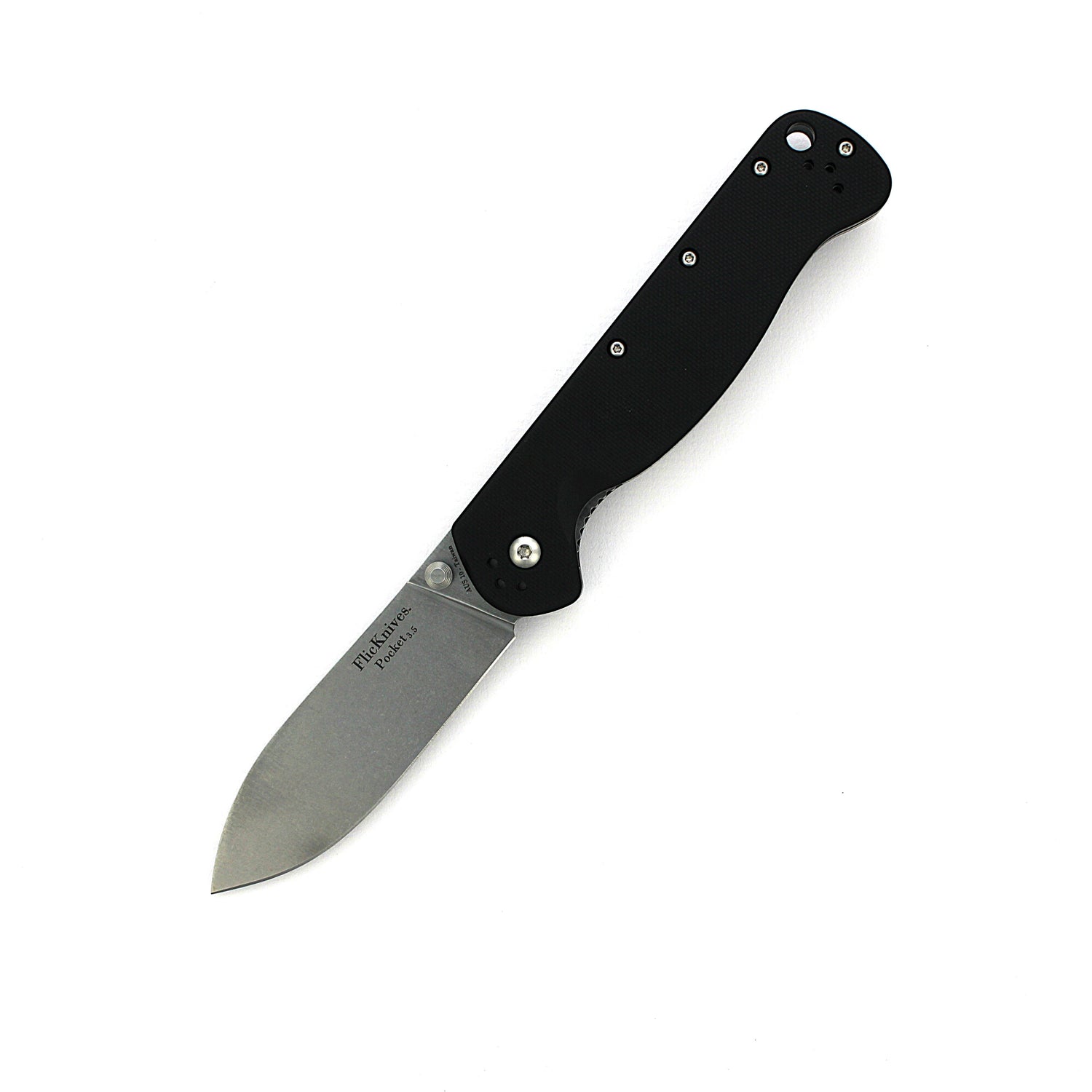 FlicKnives Pocket 3.5 - Drop Point Thumb Stud Folder Black G10 Scales Liner Lock