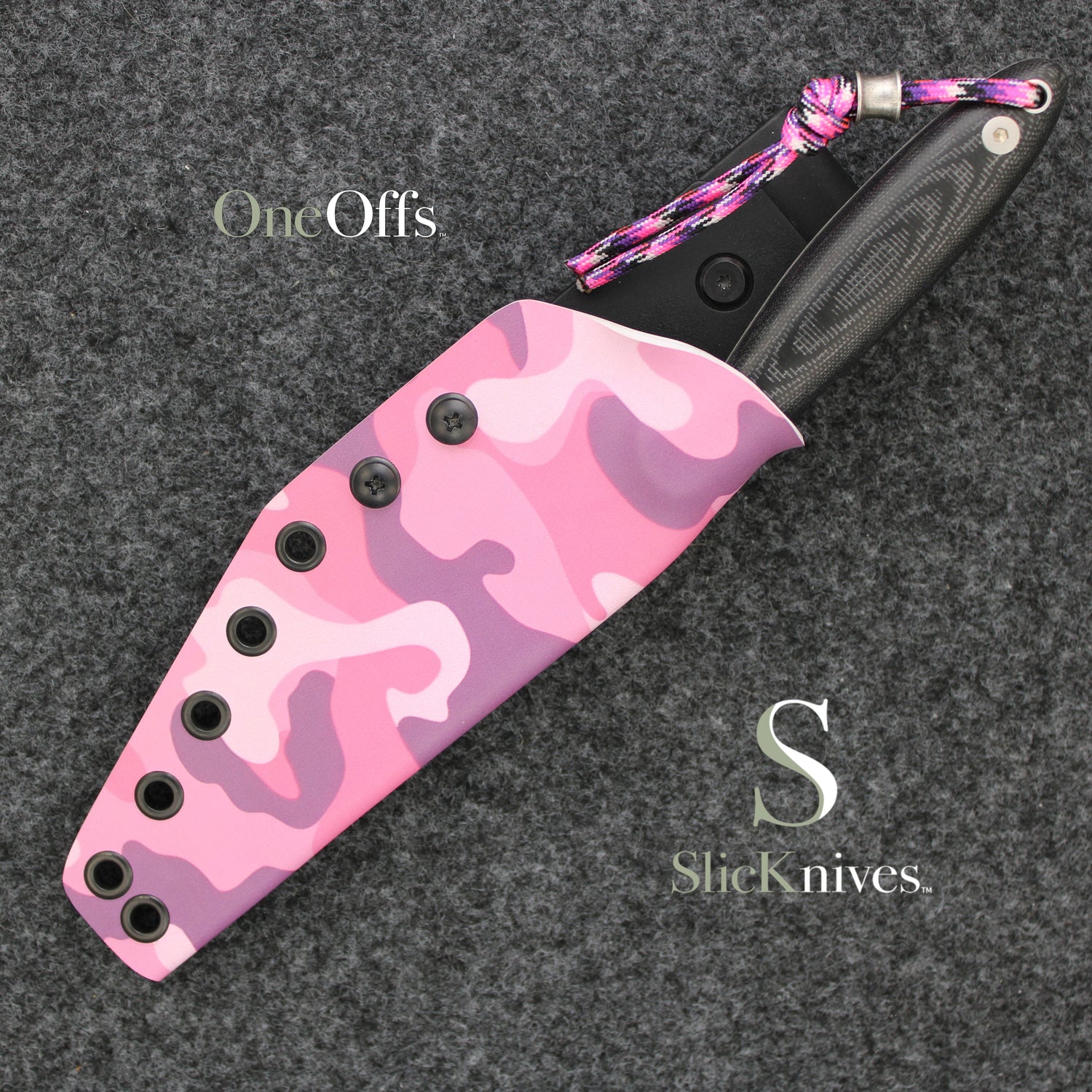 OneOffs SlicKnives Curve 4.5 - Black - Roach Belly Bird and Trout Knife with Pink & Purple Woodland Camo KYDEX® Sheath