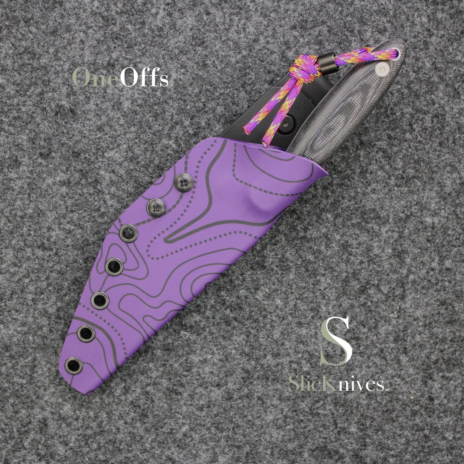 OneOffs SlicKnives Curve 4.5 - Black - Roach Belly with Purple Haze Topo Map KYDEX® Sheath
