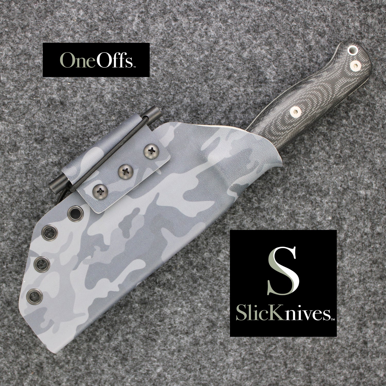 OneOffs SlicKnives Hunter 5 - Black - Skinning & Hunting Knife with Woodland Night Stalker Camo KYDEX® Sheath