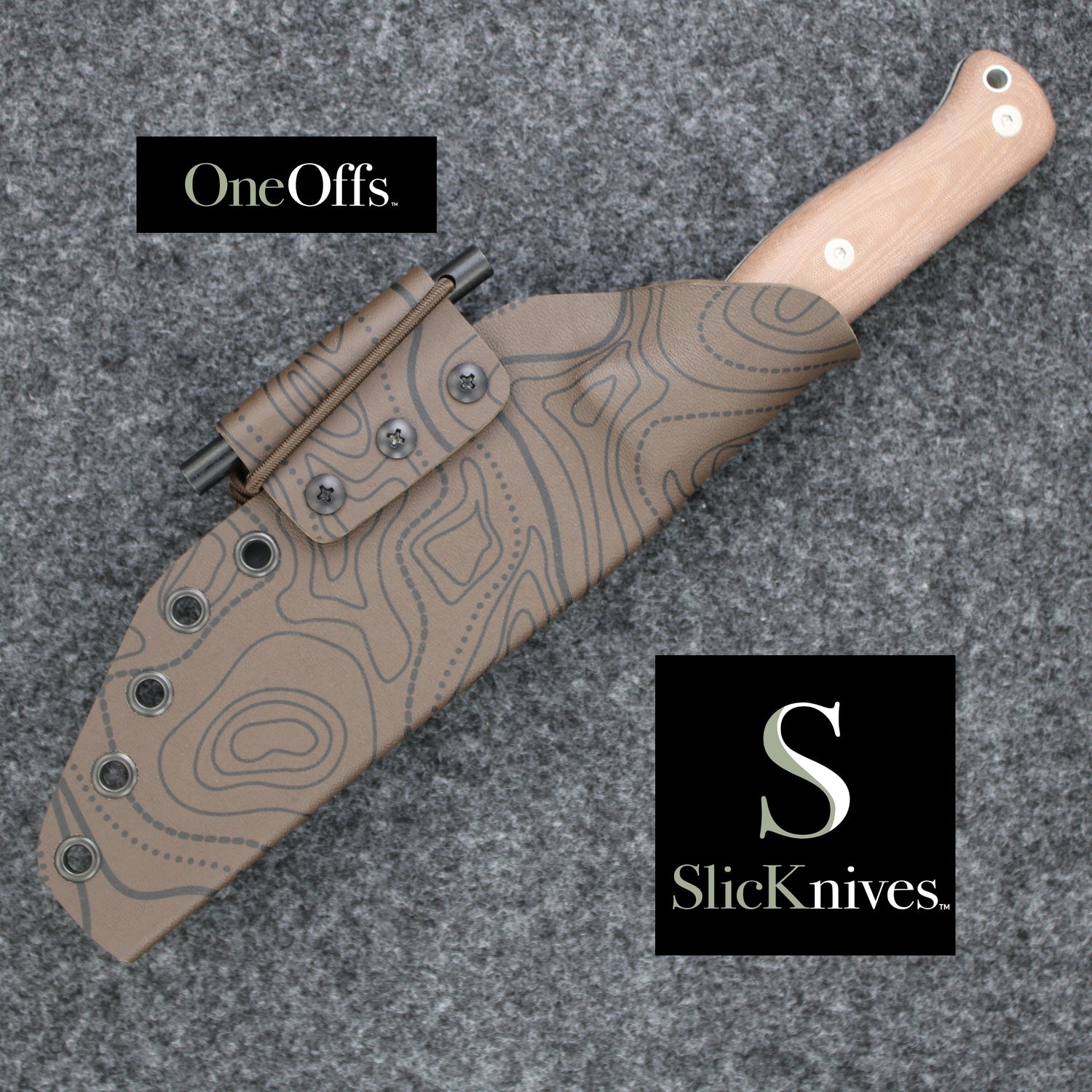 OneOffs SlicKnives Kepper 5 - Brown - Camp and Bushcraft Knife with Brown Topo Map KYDEX® Sheath