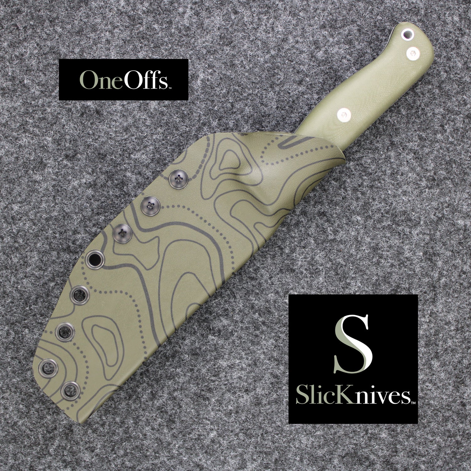 OneOffs SlicKnives ClipPoint 4.5 - OD Green G10 - Skinning & Hunting Knife with OD Green Topo Map KYDEX® Sheath
