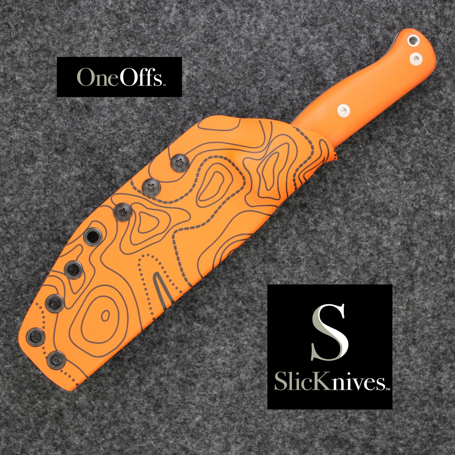 OneOffs SlicKnives ClipPoint 4.5 - Orange G10 - Skinning & Hunting Knife with Orange Topo Map KYDEX® Sheath