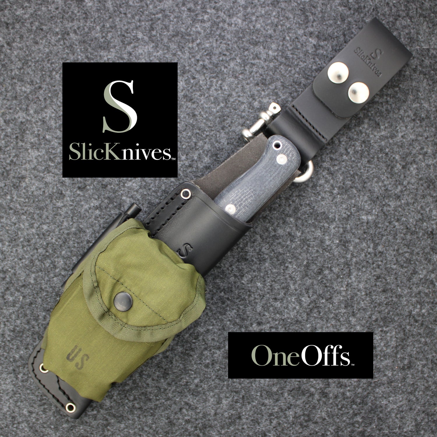 OneOffs SlicKnives ClipPoint 4.5 - Black - Hunting Knife with US OD Green Pouch and Dangler