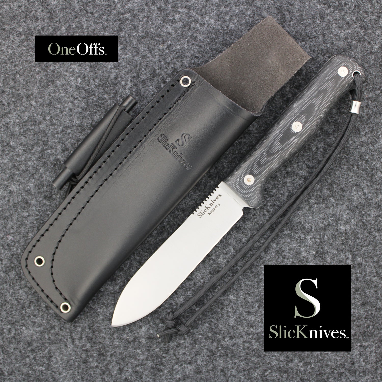 OneOffs SlicKnives Kepper 5 - Black - Camp and Bushcraft Knife Based on Horace Kephart's Blade Profile with Woodland Camo Pouch