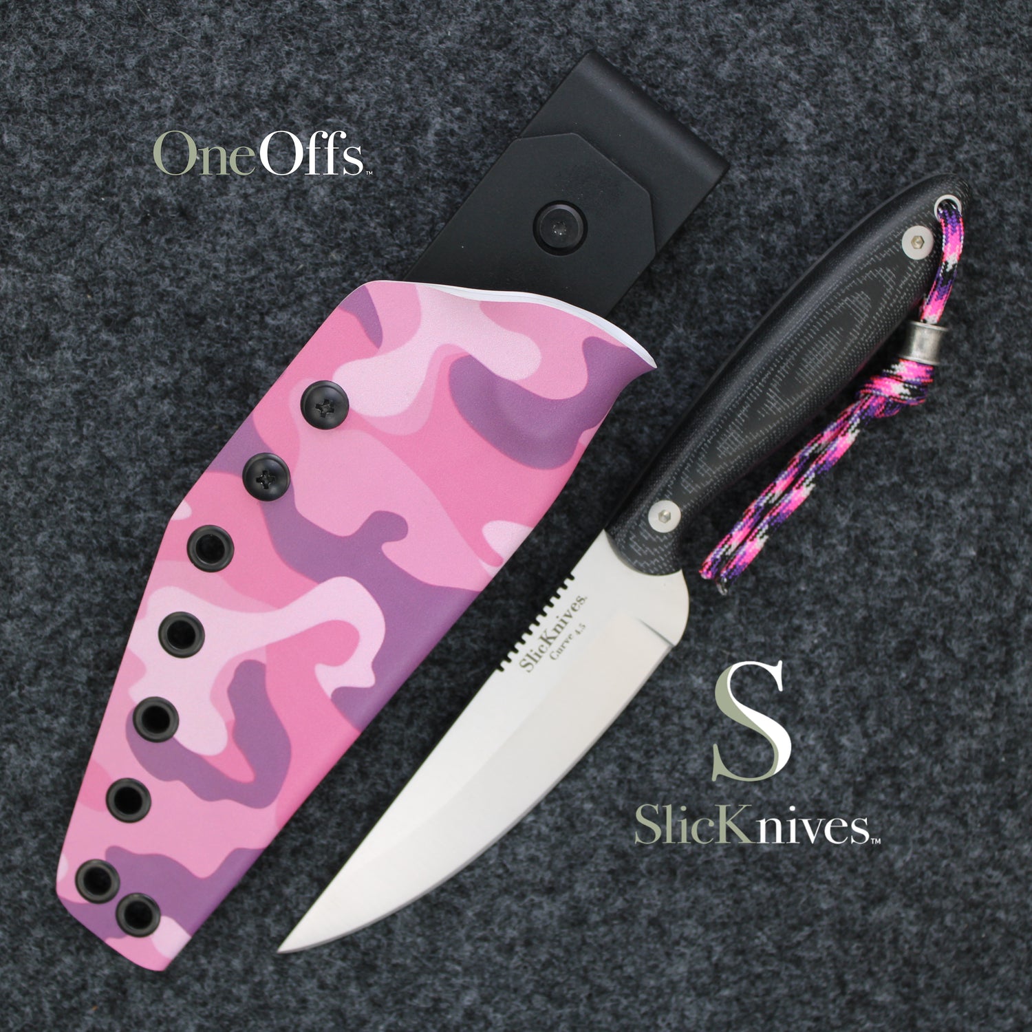 OneOffs SlicKnives Curve 4.5 - Black - Roach Belly Bird and Trout Knife with Pink & Purple Woodland Camo KYDEX® Sheath