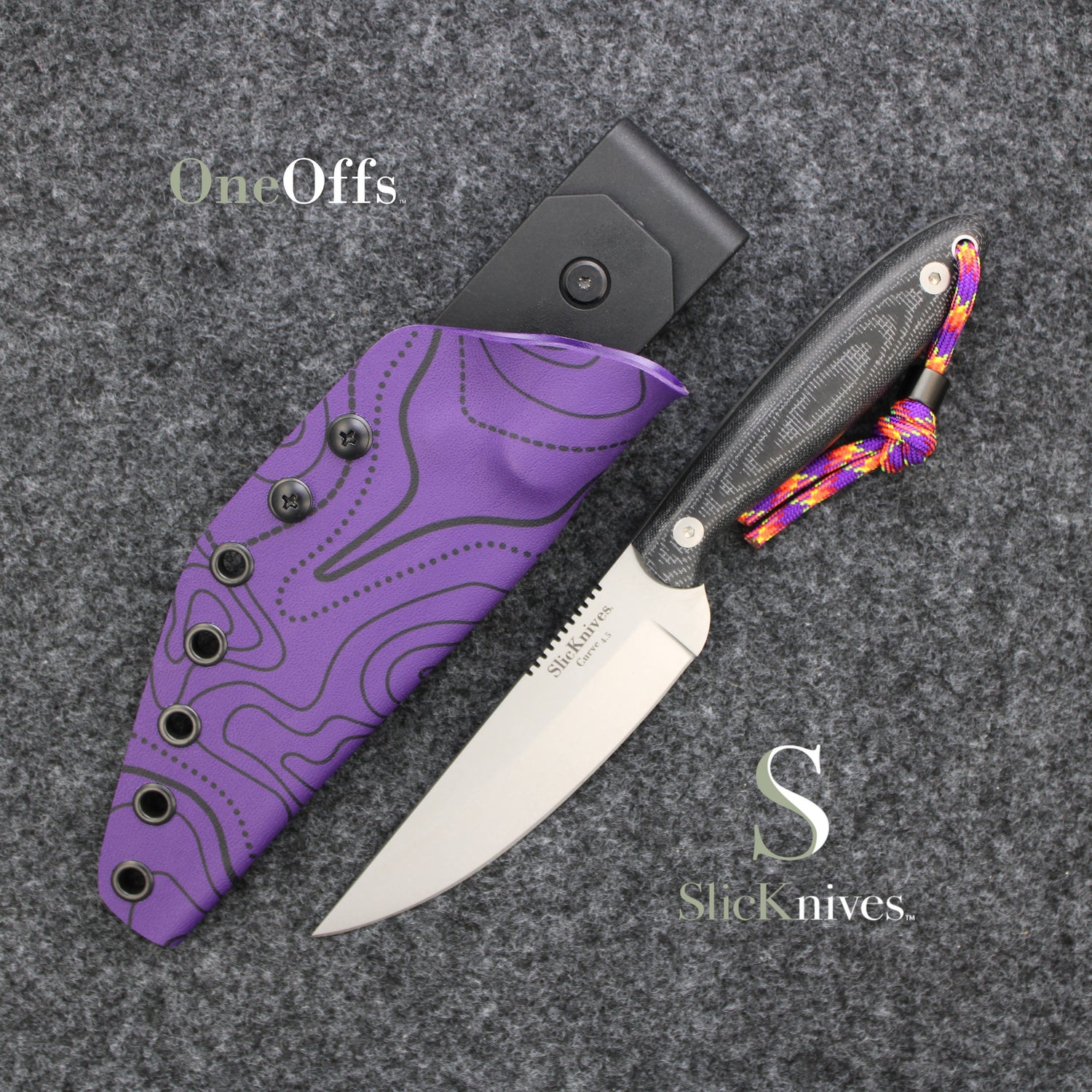 OneOffs SlicKnives Curve 4.5 - Black - Roach Belly with Purple Haze Topo Map KYDEX® Sheath