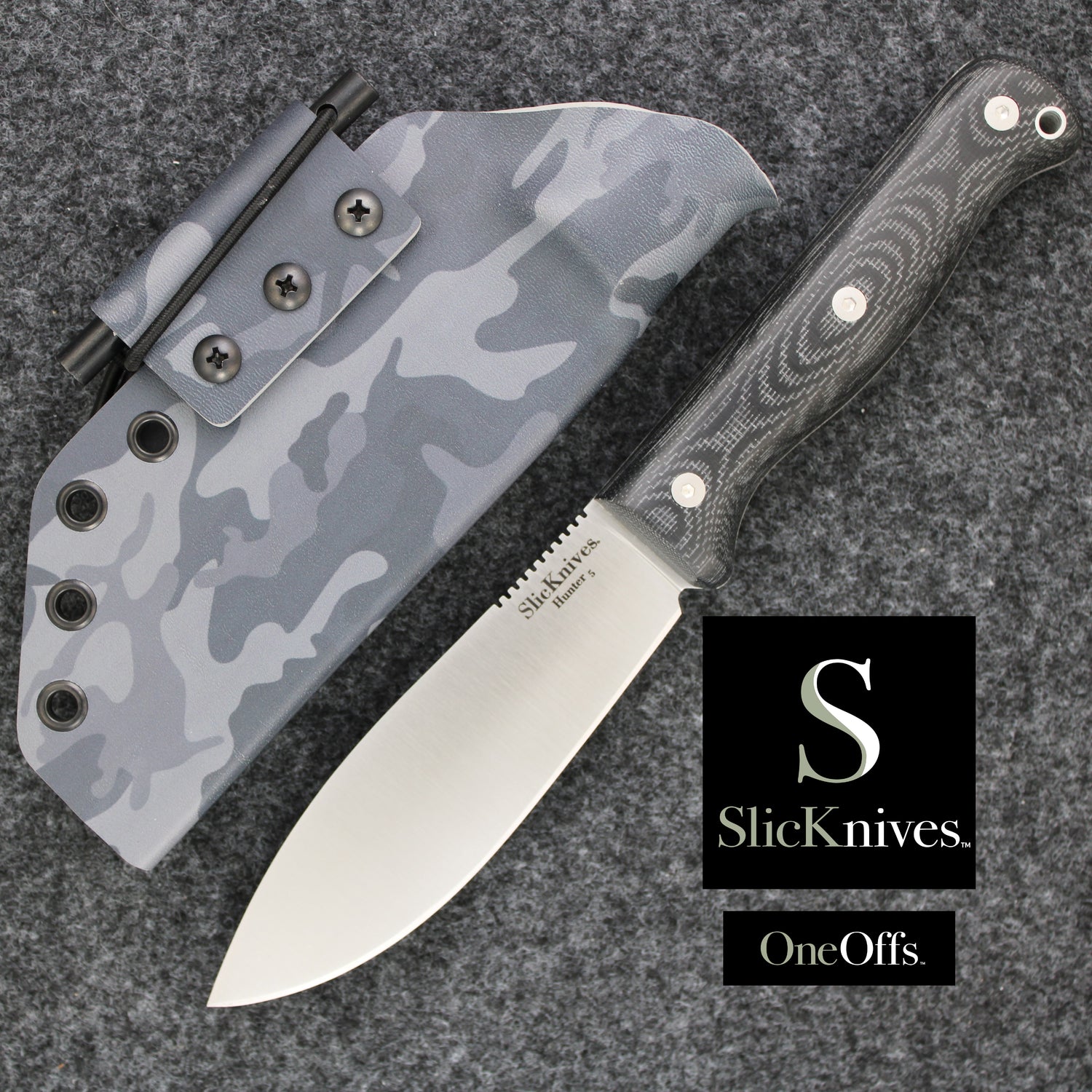 OneOffs SlicKnives Hunter 5 - Black - Skinning & Hunting Knife with Woodland Night Stalker Camo KYDEX® Sheath