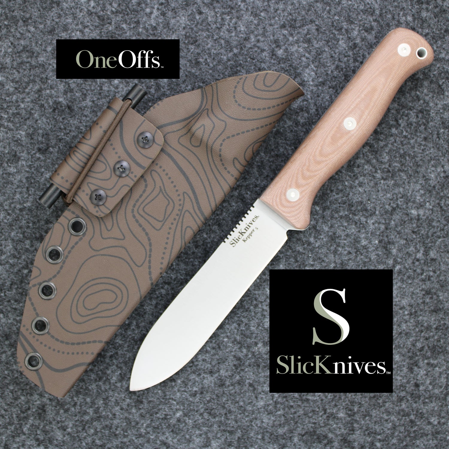OneOffs SlicKnives Kepper 5 - Brown - Camp and Bushcraft Knife with Brown Topo Map KYDEX® Sheath