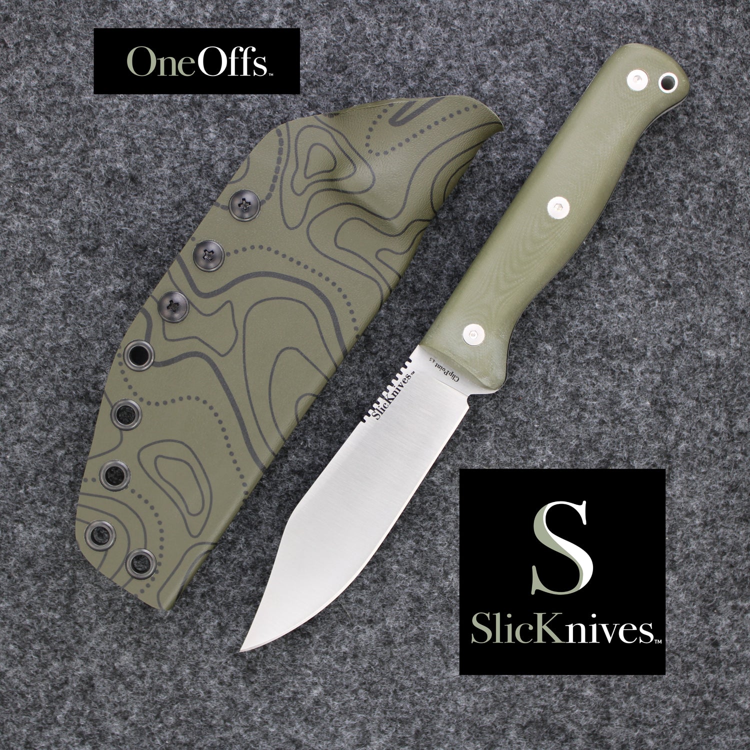 OneOffs SlicKnives ClipPoint 4.5 - OD Green G10 - Skinning & Hunting Knife with OD Green Topo Map KYDEX® Sheath