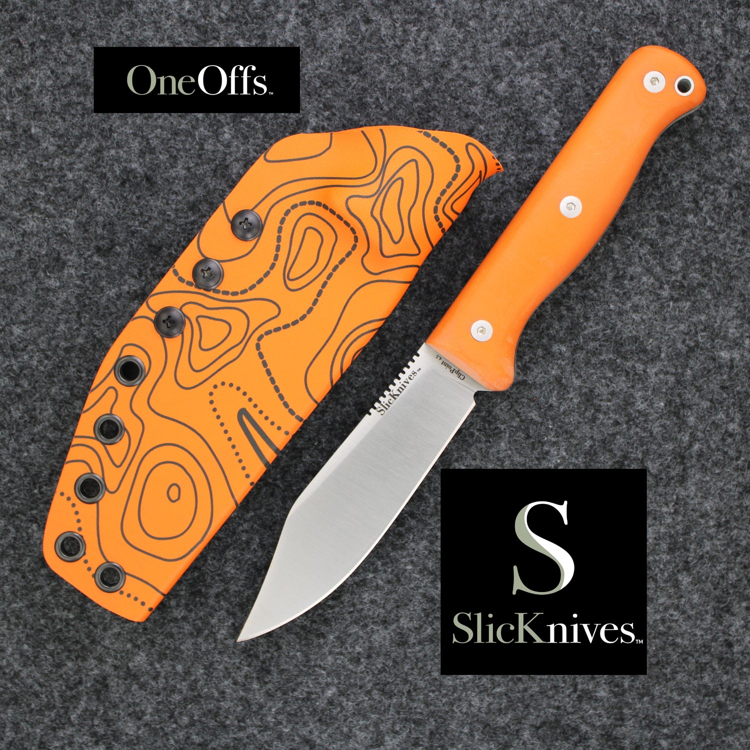 OneOffs SlicKnives ClipPoint 4.5 - Orange G10 - Skinning & Hunting Knife with Orange Topo Map KYDEX® Sheath
