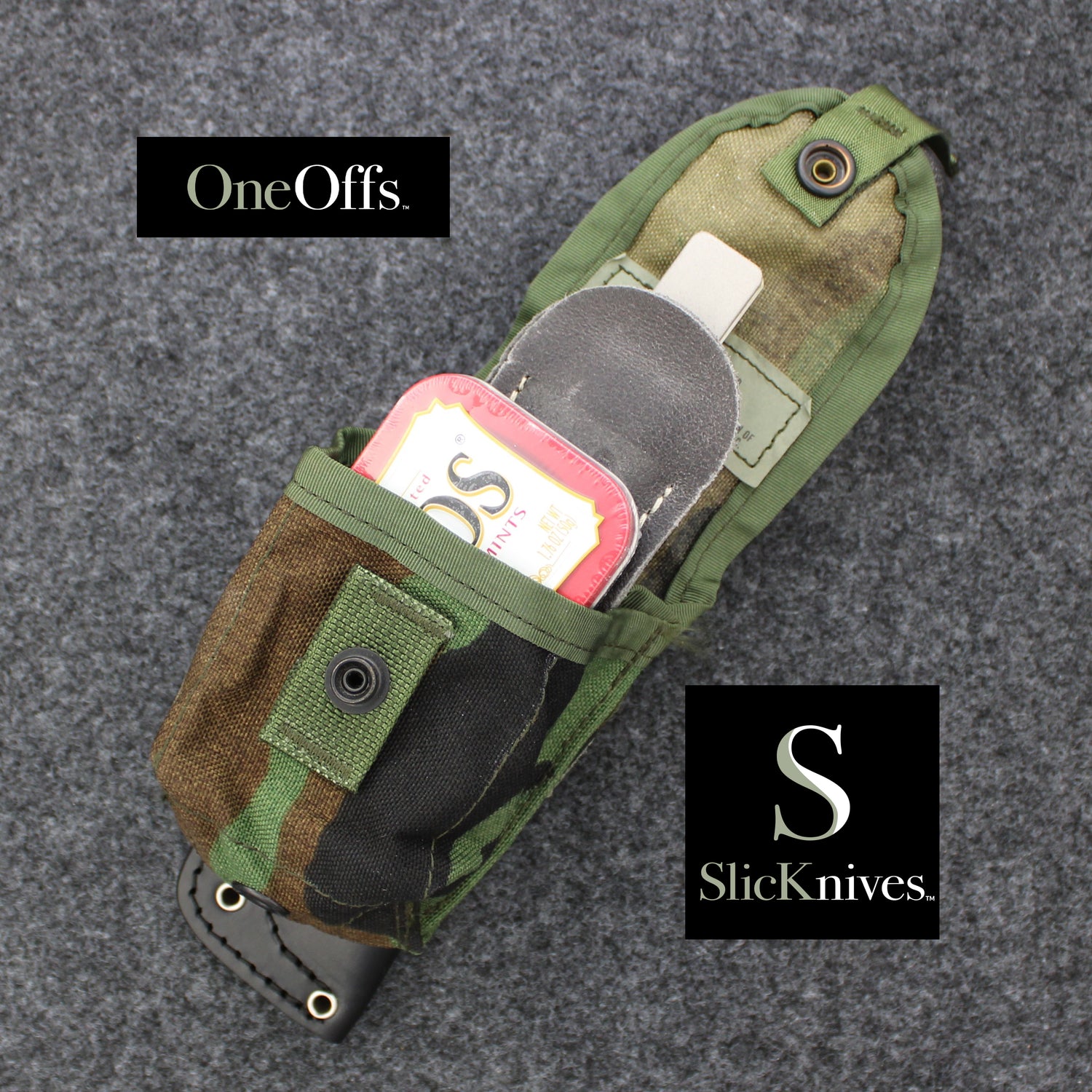 OneOffs SlicKnives Hunter 5 - Black - Skinning & Hunting Knife with U.S. Woodland Camo Pouch and Leather Sheath