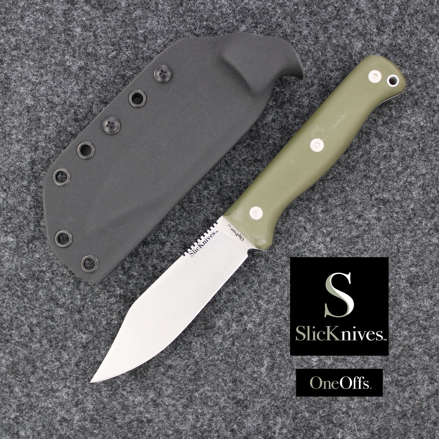 OneOffs SlicKnives ClipPoint 4.5 - Olive Green G10 - Skinning & Hunting Knife with Black KYDEX® Sheath