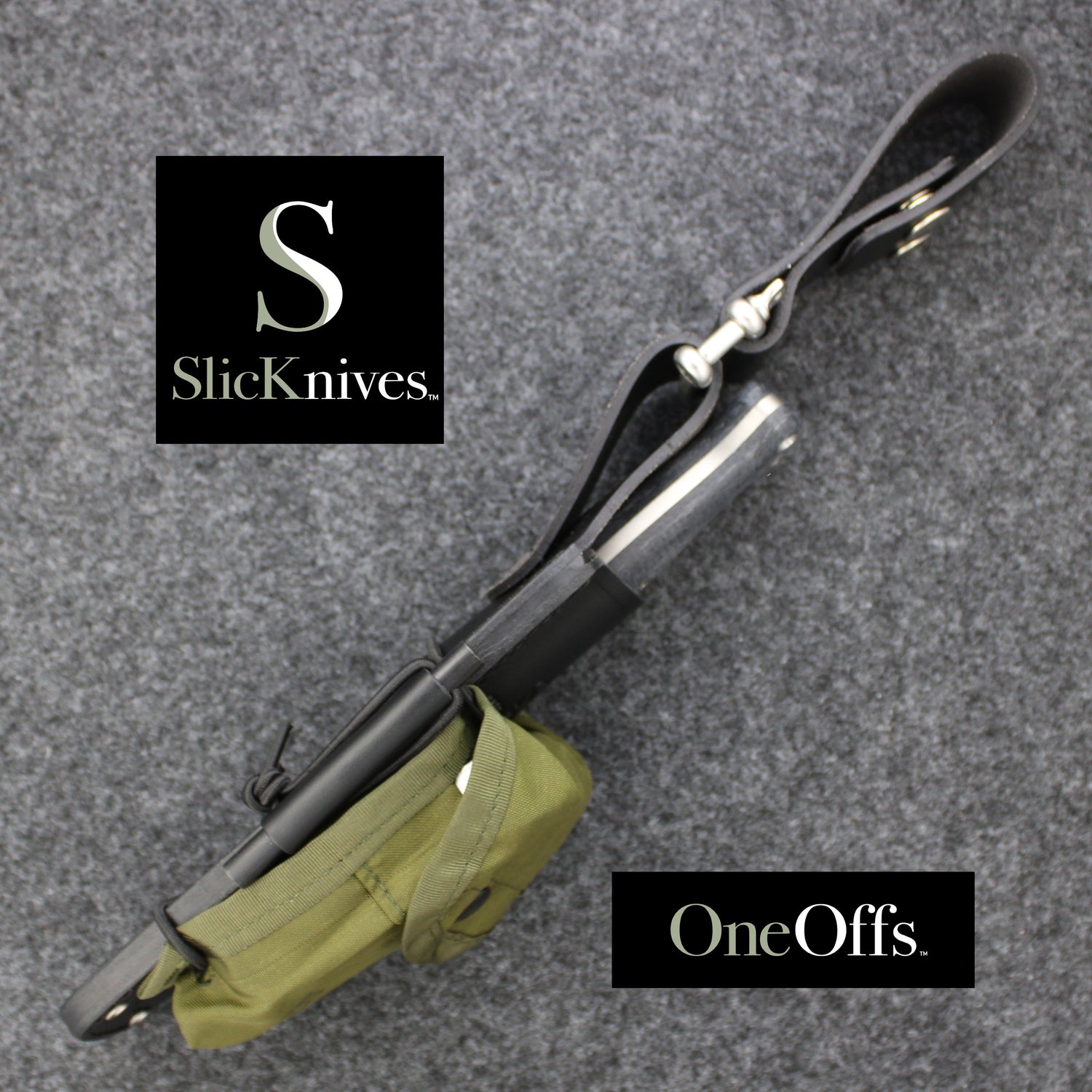 OneOffs SlicKnives ClipPoint 4.5 - Black - Hunting Knife with US OD Green Pouch and Dangler