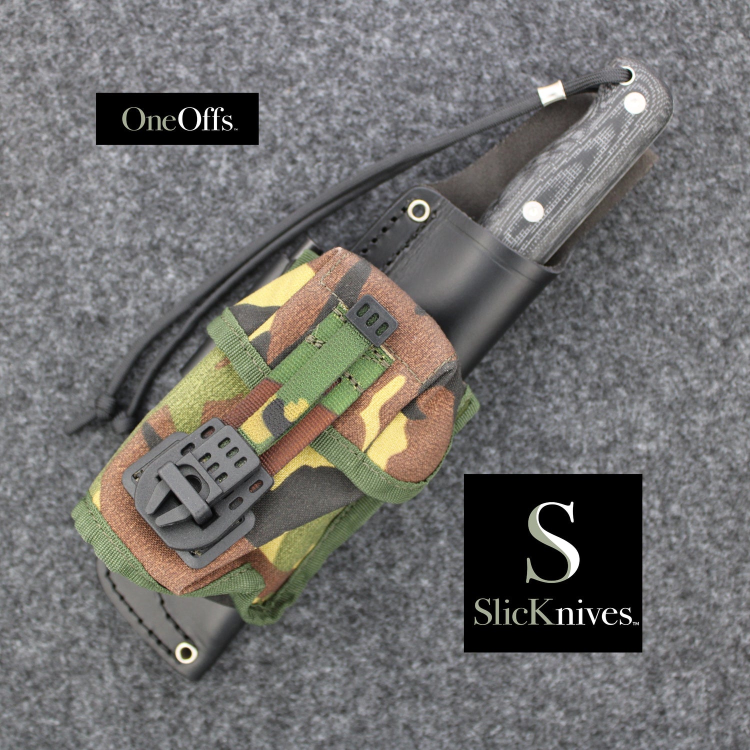OneOffs SlicKnives Kepper 5 - Black - Camp and Bushcraft Knife Based on Horace Kephart's Blade Profile with Woodland Camo Pouch
