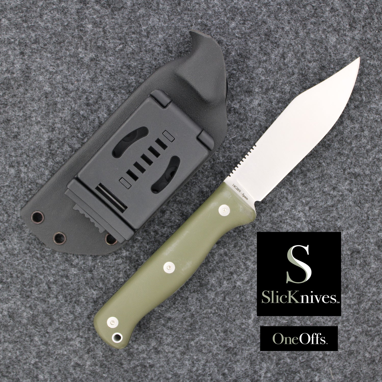 OneOffs SlicKnives ClipPoint 4.5 - Olive Green G10 - Skinning & Hunting Knife with Black KYDEX® Sheath