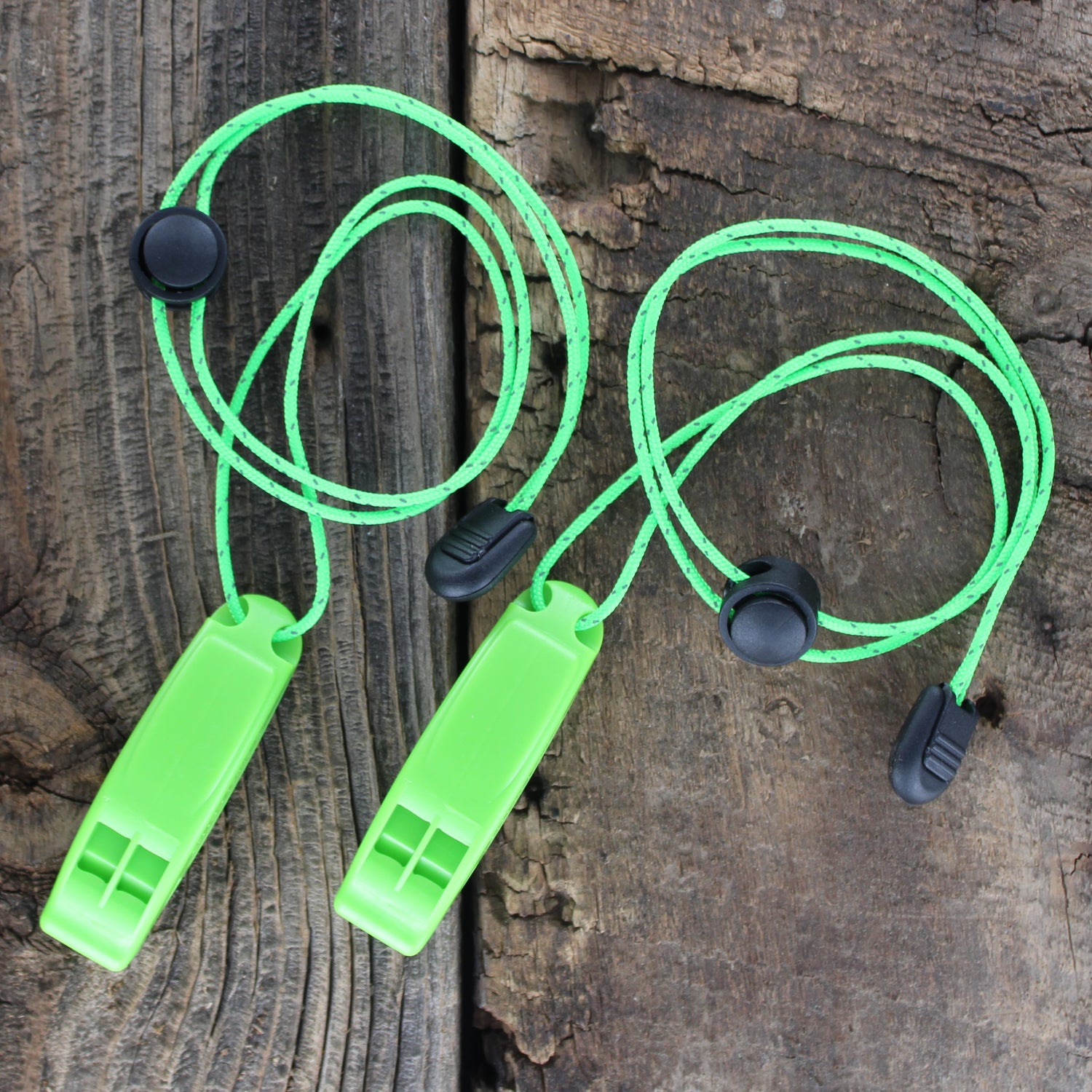 SlicKnives Emergency Signaling Whistle - 2-pack High Visibility Neon Green w/ Reflective Lanyard